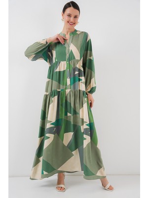2423 Otantik Desenli Tesettür Elbise - A.haki