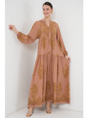 Vizon Gold Desenli Tesettür Elbise 2423