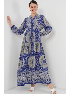 2423 Otantik Desenli Tesettür Elbise - Saks 4