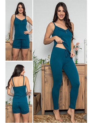 Kadın Petrol Renkli Dantel Detaylı Şortlu ve Taytlı Pijama Takımı 3'lü Set 75007