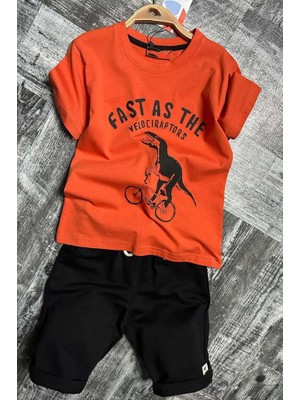 Erkek Çocuk Dinazor ve Bisiklet Baskılı Turuncu T-Shirt Penye Şortlu Takım
