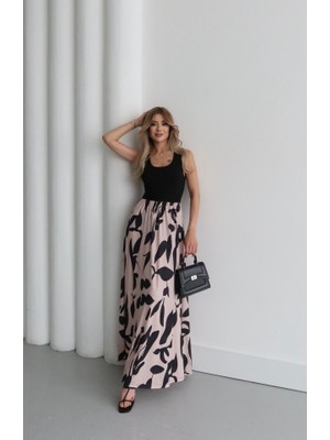 Alinn Butikk Kadın Askılı Yuvarlak Yaka Üst Viskon Alt Desenli Uzun Süprem Elbise