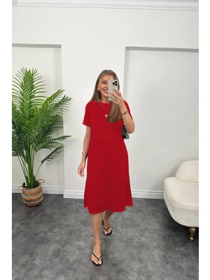 Alinn Butikk Kadın Kısa Kollu Yırtmaç Detaylı Salaş Viskon Elbise