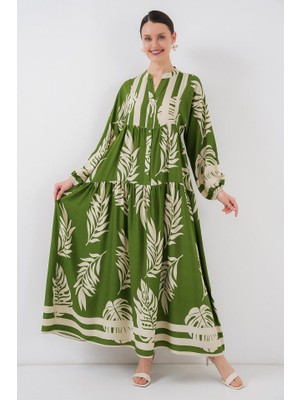 Alinn Butikk 2423 Otantik Desenli Tesettür Elbise - Yeşil 5