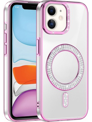 iPhone 11 Kılıf Pırlanta Taş Tasarımlı M-Safe Şarj Özellikli Karetta Silikon Kapak