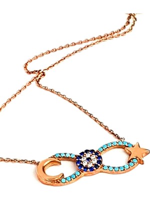 Ose Shop Ay yıldız ve nazar boncuklu sonsuzluk figürlü gümüş rose kolye