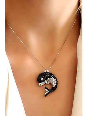 Ose Shop Oniks ve zirkon taşlı 925 ayar gümüş tasarım yunus kolye