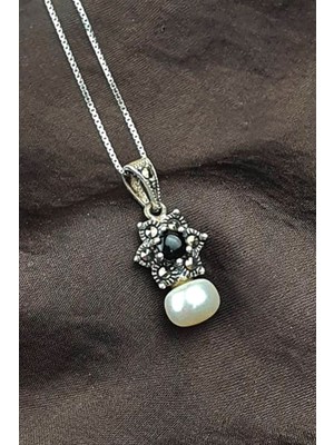 Ose Shop Markazit oniks taş detaylı 925 ayar gümüş minimal inci kolye