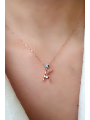 Ose Shop Nazar boncuklu ve zirkon taş detaylı gümüş rose k harfi  kolye