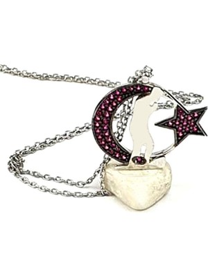Ose Shop Pembe zirkon tasli ay yıldız Atatürk figürlü gümüş kolye