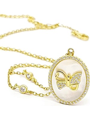 Ose Shop Sedef Taşlı Gümüş Üzerine Altın Kaplamalı Kelebek Figürlü Bayan Kolye