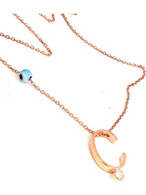Ose Shop Nazar boncuklu ve zirkon taş detaylı gümüş rose Ç harfi  kolye