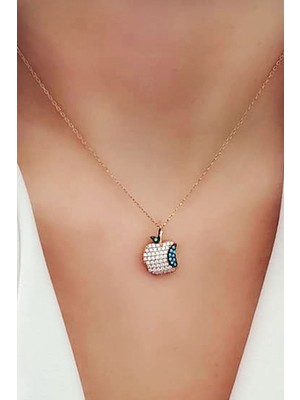 Ose Shop Turkuaz ve zirkon taş detaylı gümüş rose elma kolye