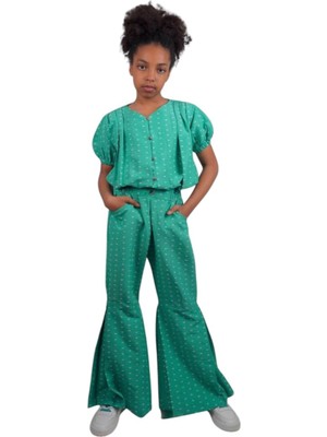 İrem Çocuk Giyim Kız Çocuk Gömleği Düğme Kapamalı Ispanyol Paça Pantolon Takımı