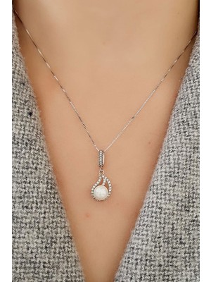 Ose Shop Pırlanta Işıltısında Zirkon Taşlı 925ayar Gümüş Zarif İnci Kolye