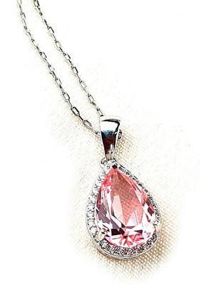 Ose Shop Sky Diamond Pink Morganit Taşlı 925 ayar Gümüş Lüks Damla Kolye