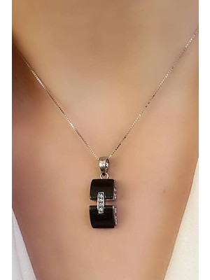 Ose Shop Zirkon taş detaylı oniks taşlı 925ayar gümüş ıtalyan tasarımı lüks kolye