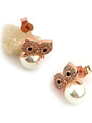 Ose Shop Zirkon Taşlı Baykuş Figürlü 925 ayar Gümüş Rose İnci Küpe