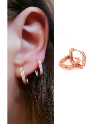 Ose Shop arkası önü zirkon taş detaylı 925ayar gümüş üzerine rose altın kaplama kare halka küpe