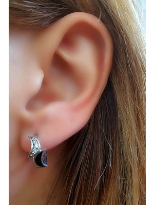Ose Shop Siyah mineli zirkon taş detaylı gümüş halka küpe cap 1 cm