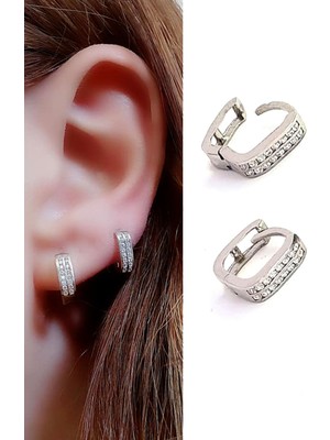 Ose Shop çift sıra zirkon taşlı 925 ayar gümüş minimal halka cift küpe 1cm