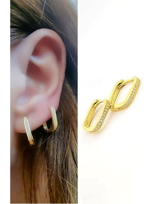 Ose Shop arkası önü zirkon taş detaylı 925ayar gümüş üzerine altın kaplama kare halka küpe 1.5 cm