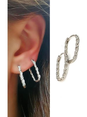 Ose Shop zirkon taş detaylı 925ayar gümüş oval burgu halka küpe 2 cm