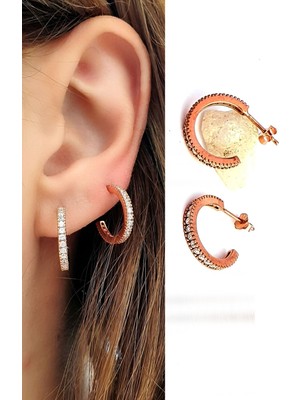 Ose Shop Zirkon Taşlı 925 ayar Gümüş Yarım Halka Küpe 1.5 cm çap
