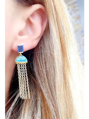 Ose Shop Aquamarin ve turkuaz taşlı 925ayar gümüş tasarım el işi püsküllü küpe