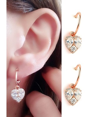 Ose Shop Pırlanta ışıltısında Zirkon Taşlı 925ayar Gümüş Rose Yarım Halka Kalp Küpe