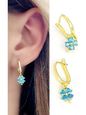 Ose Shop Aquamarin 925 ayar gümüş üzerine altın kaplama yonca küpe