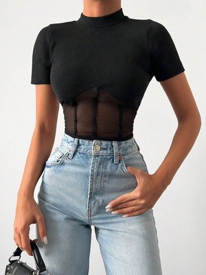 Dik Yaka Tül Detay Kaşkorse Dokuma Pamuk Kumaş Kadın Bluz