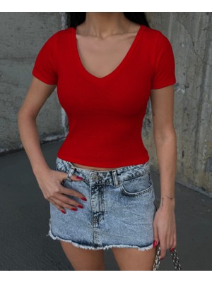 V Yaka Kaşkorse Dokuma Pamuk Kumaş Kadın Bluz