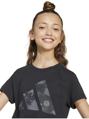 Adidas Baskılı Siyah - Gri Kız Çocuk T-Shirt JC7510-JG Flwr T