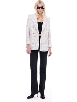 Fancy Regular Fit Standart Boy Takma Kol Ceket Yaka Ekru Renk Kadın Ceket