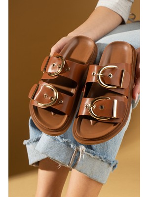 Pembe Potin Geniş Çift Gold Tokalı Rahat Kalıp Kadın Terlik 024-1001-25CILT