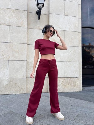 Deniz Home Wear Bisiklet Yaka Kısa Kollu Crop Bluz & Bol Paça Yüksek Bel 2'li Alt Üst Takım