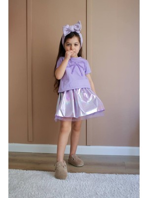Lolli Boom Kids Kız Çocuk Lila Renk Partlak Kumaş Tütü Balon Etek Fiyonk Nakışlı T-Shirt Pamuklu Altüst Takım