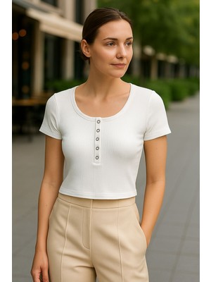 Deniz Home Wear Kaşkorse Dokuma Pamuk Kumaş Çıtçıt Detaylı Kısa Kollu Bisiklet Yaka Kadın Bluz