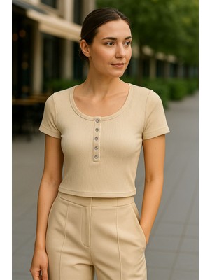 Deniz Home Wear Kaşkorse Dokuma Pamuk Kumaş Çıtçıt Detaylı Kısa Kollu Bisiklet Yaka Kadın Bluz