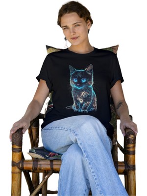Sevimli Minik Kedi Tshirt Baskılı Unisex Kedi Tasarım Tişört