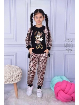 Leopar Desenli Minnie Mouse Baskılı Uzun Kollu 3'lü Kız Çocuk Pijama Alt-Üst Takım