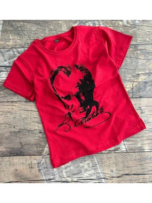 Deniz Home Wear Bisiklet Yaka Pamuklu Kısa Kollu Atatürk Baskılı Erkek ve Kız Çocuk T-Shırt