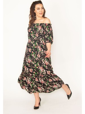 Şans KADIN EFLATUN DOKUMA VİSKON KUMAŞ MADONNA YAKA KOL AĞZI VE YAKASI LASTİKLİ KATLI ELBİSE