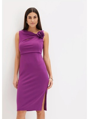 Kadın Büyük Beden Mor, Yaka Detaylı Yan Yırtmaç Elbise 65N38938