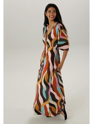 Kadın Büyük Beden Renkli, Ön Gipe Lastik Detaylı Yarasa Kol, Desenli Uzun Elbise 65N38811
