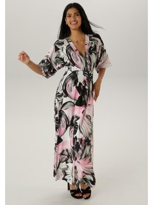 Kadın Büyük Beden Pembe, Ön Gipe Lastik Detaylı Yarasa Kol, Desenli Uzun Elbise 65N38811