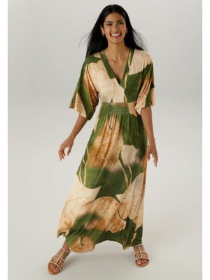 Kadın Büyük Beden Yeşil, Ön Gipe Lastik Detaylı Yarasa Kol, Desenli Uzun Elbise 65N38811