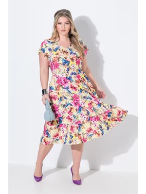 Kadın Büyük Beden Sarı, Jarse Çiçek Desenli, V Yaka, Bel Lastikli Kuşak Bağlamı Elbise 65N38941