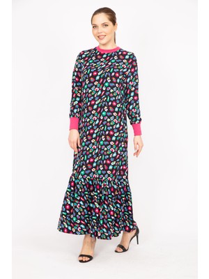 Şans Kadın Renkli Büyük Beden Dokuma Viskon Kumaş Yaka Ve Kol Ağzı Ribanalı Uzun Elbise 65N35830